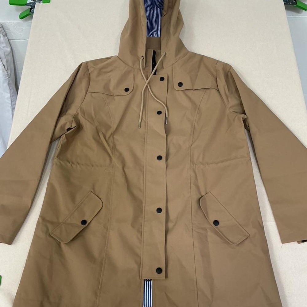 Classic tan hooded rain jacket
